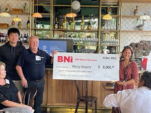BNI Means Business bake sale 2022 - $7k was raised by a Hats & Horses event coinciding with the Melbourne Cup, where BNI members "bought" a horse and an auction was held. An extra $1k was added from chapter contributions
